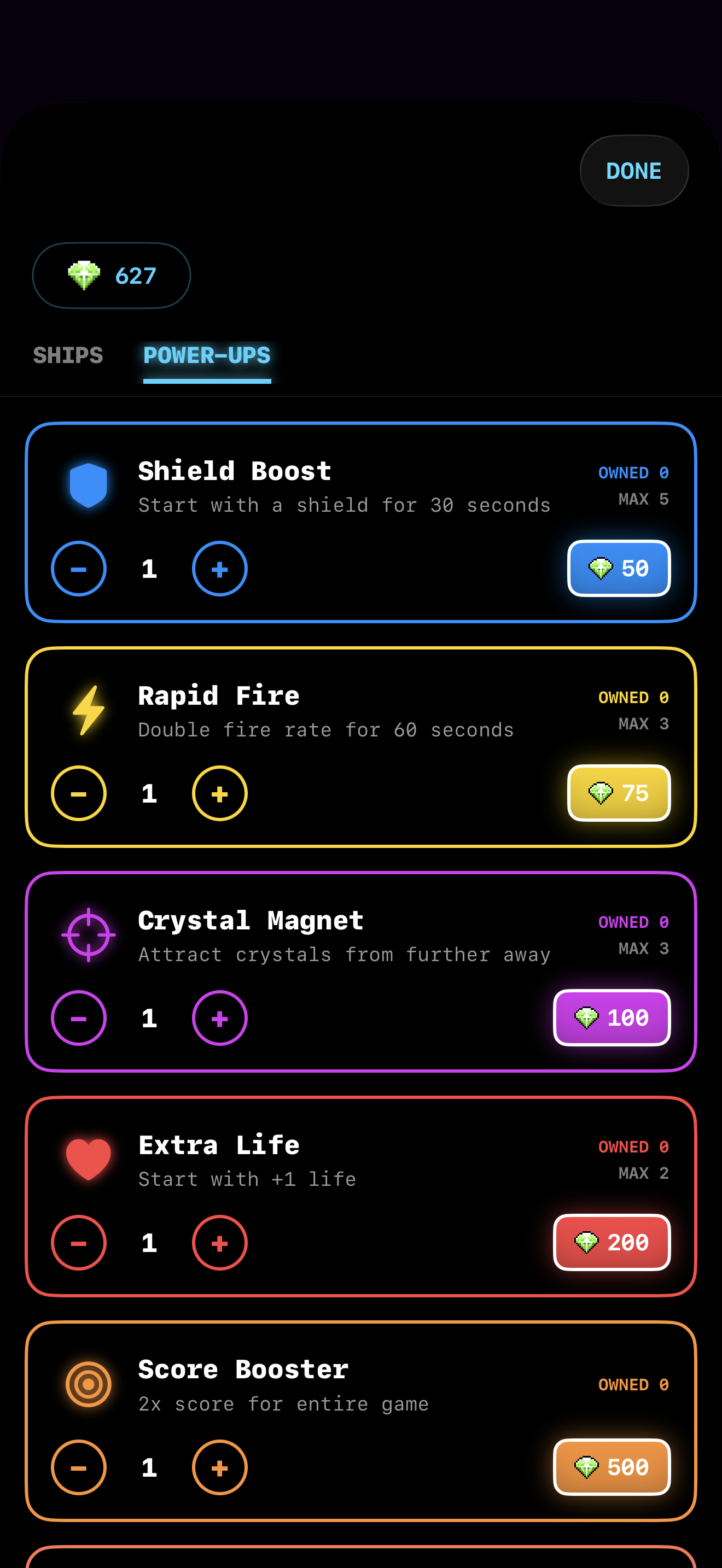 Power-Up store with Shield Boost, Rapid Fire, Crystal Magnet