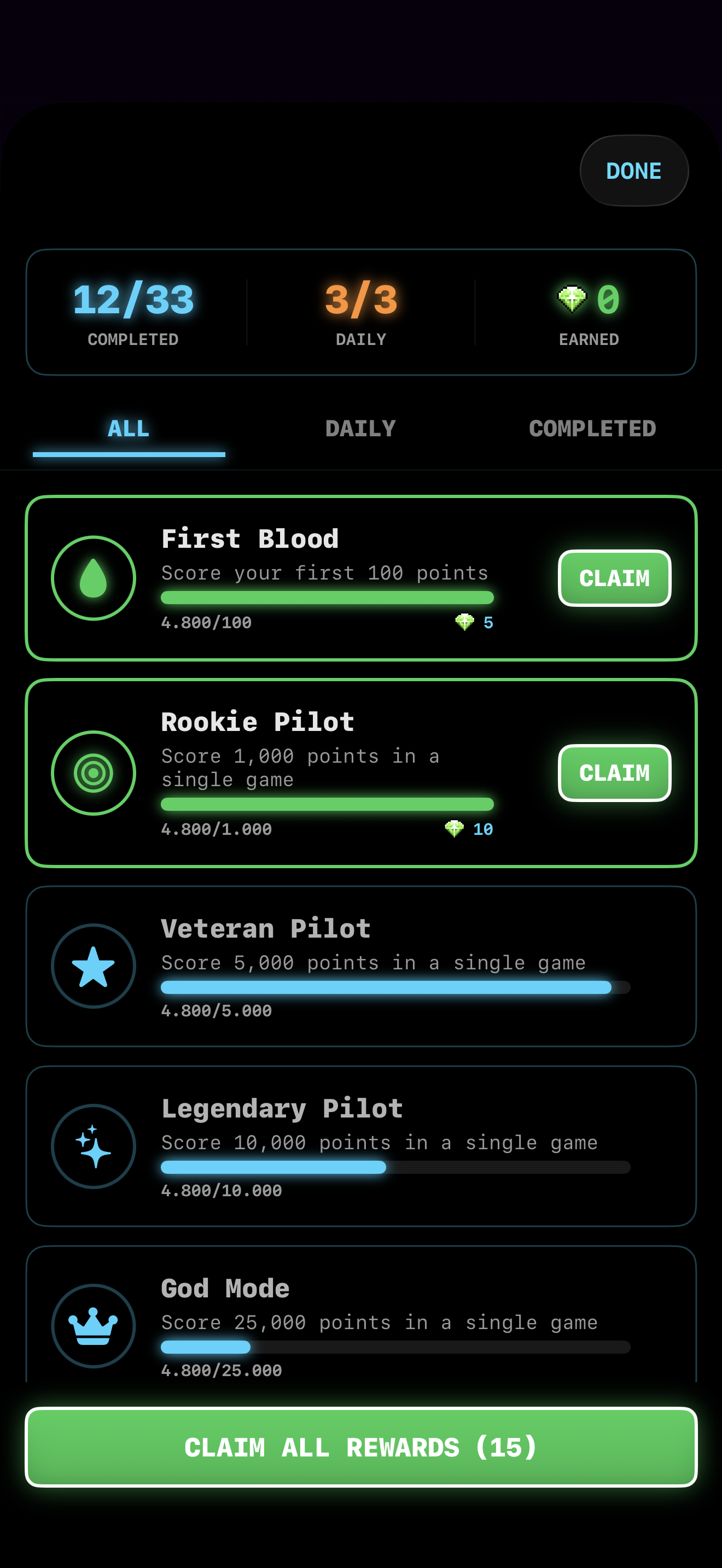 Achievements screen with First Blood, Rookie Pilot, Veteran Pilot