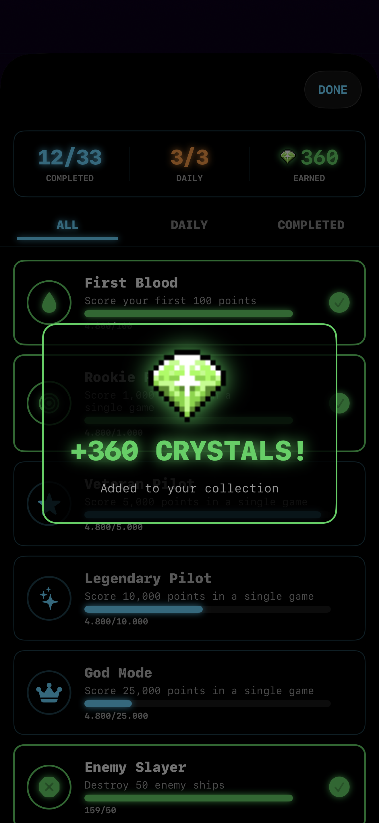 +360 crystal reward popup after claiming achievements